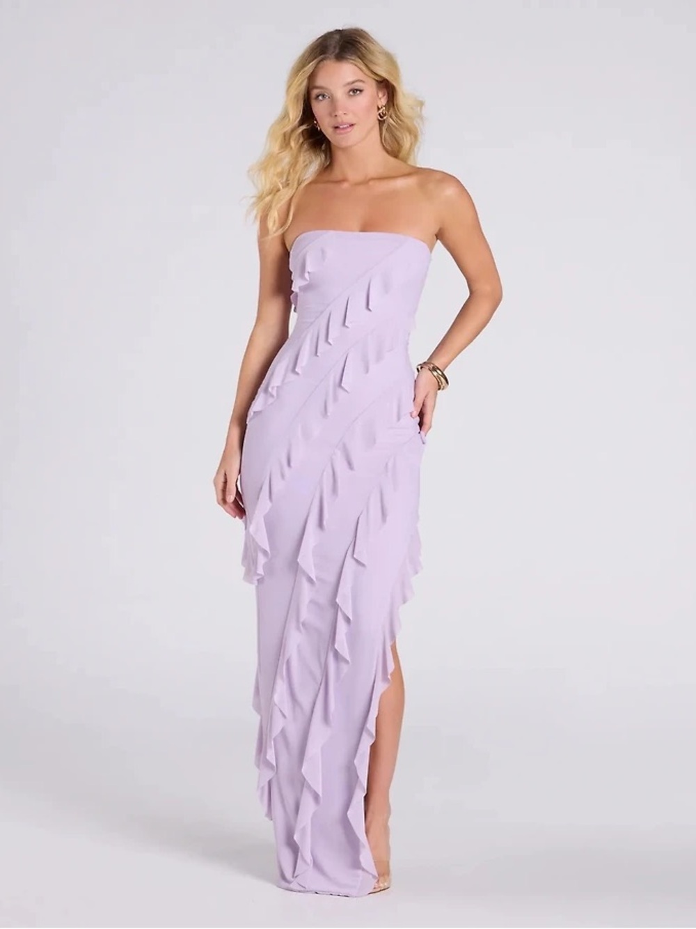 Windsor Small Lavender Gabby Formal Mesh Strapless Ruffle Long Dress Fully Lined